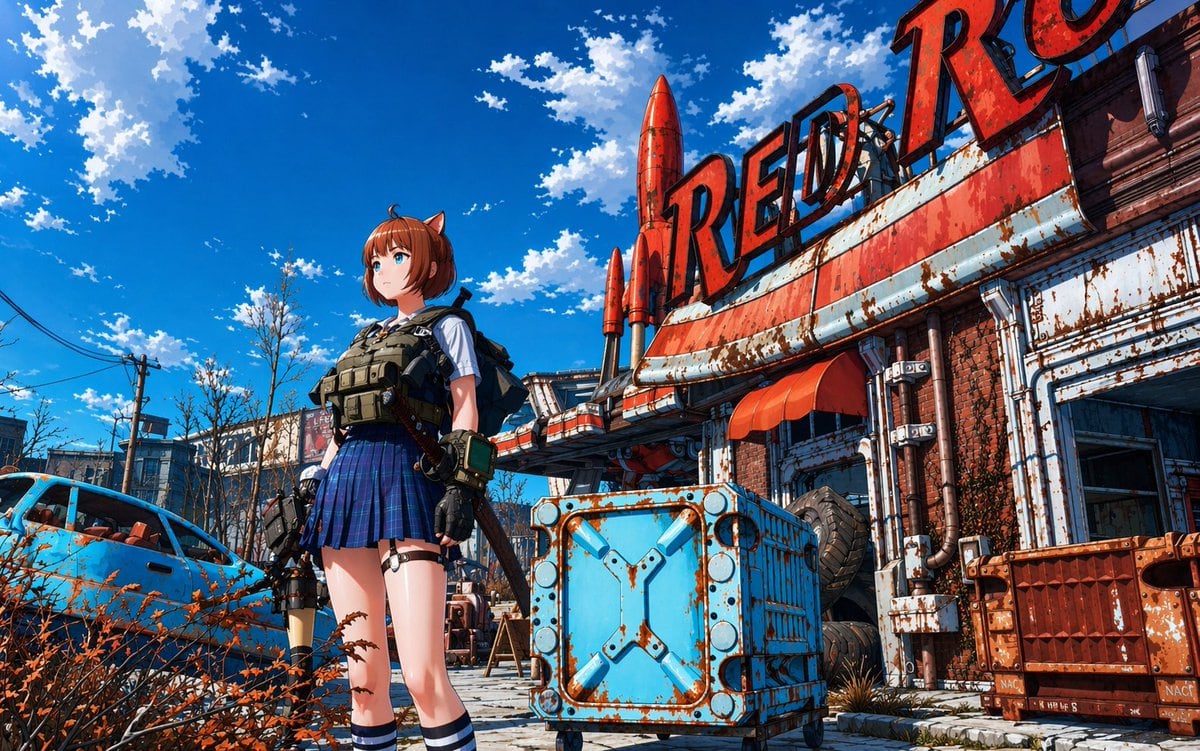 A high-quality anime illustration of a young girl with short brown hair with cat ears and blue eyes standing in a post-apocalyptic wasteland. She is wearing a white short-sleeve shirt, bl...