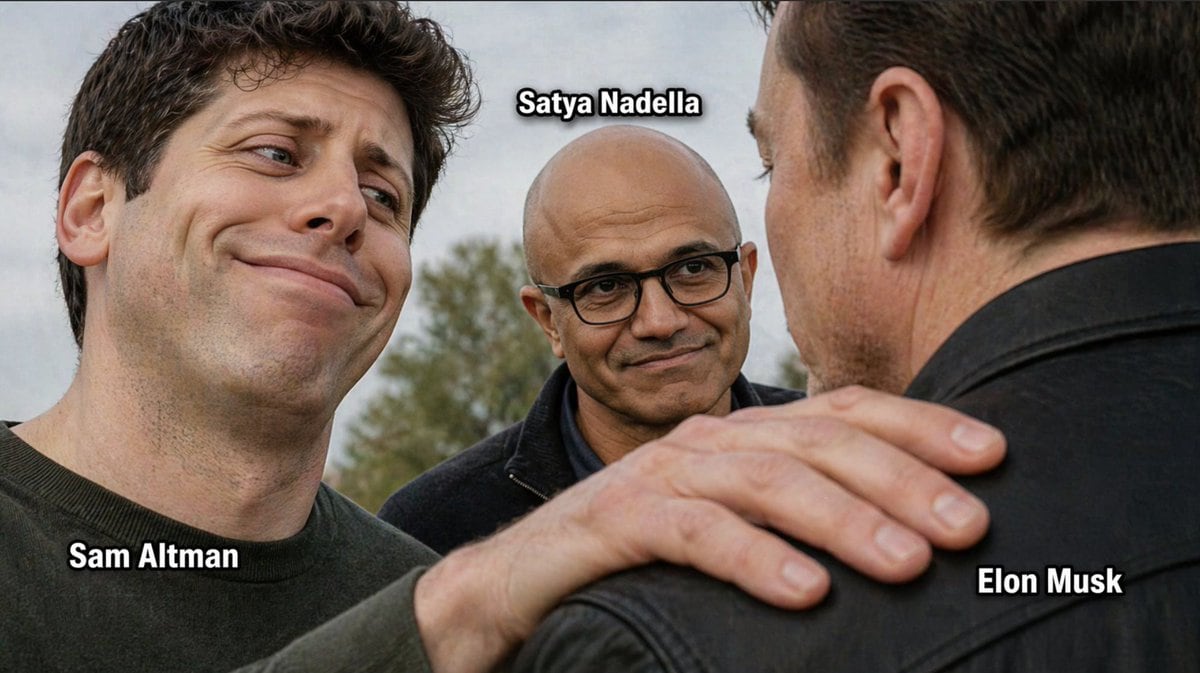 A funny photorealistic meme-style candid outdoor photo of three well-known tech CEOs standing close together in an awkward, emotionally loaded triangle. On the left foreground, Sam Altman...