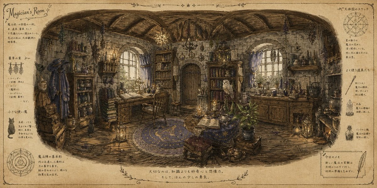一个用于创建具有手写魔法书质感的巫师房间的日语提示词。