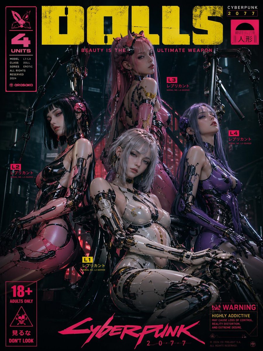 生成一张受《赛博朋克 2077》启发、具有机械木偶元素和高科技美学风格的海报。