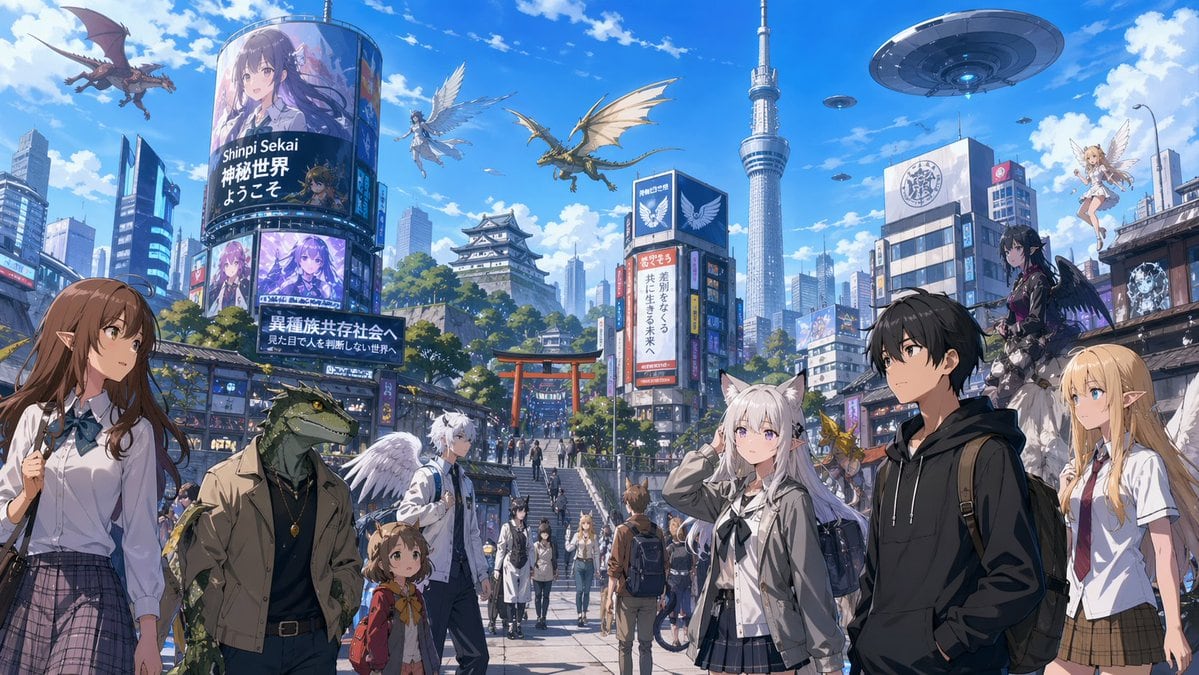 A wide cinematic anime key visual of a bustling modern Tokyo-like district transformed into a multicultural fantasy metropolis under a bright blue midday sky with fluffy clouds. The scene...
