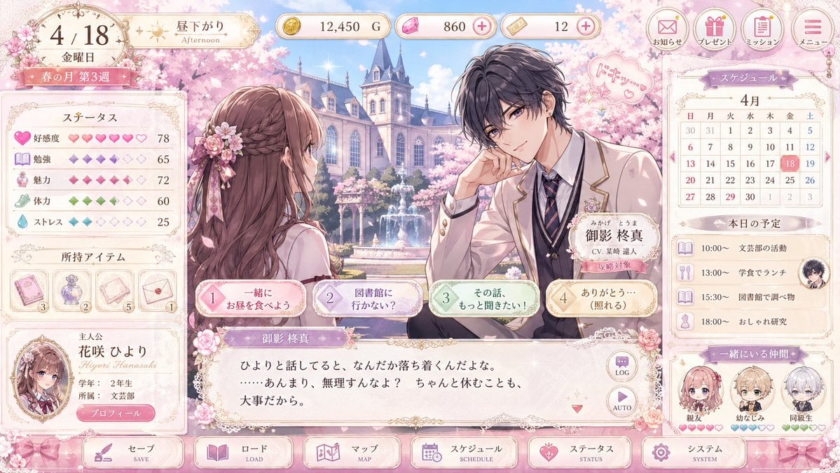 Ready-to-edit romance visual novel game UI mockup image prompt.