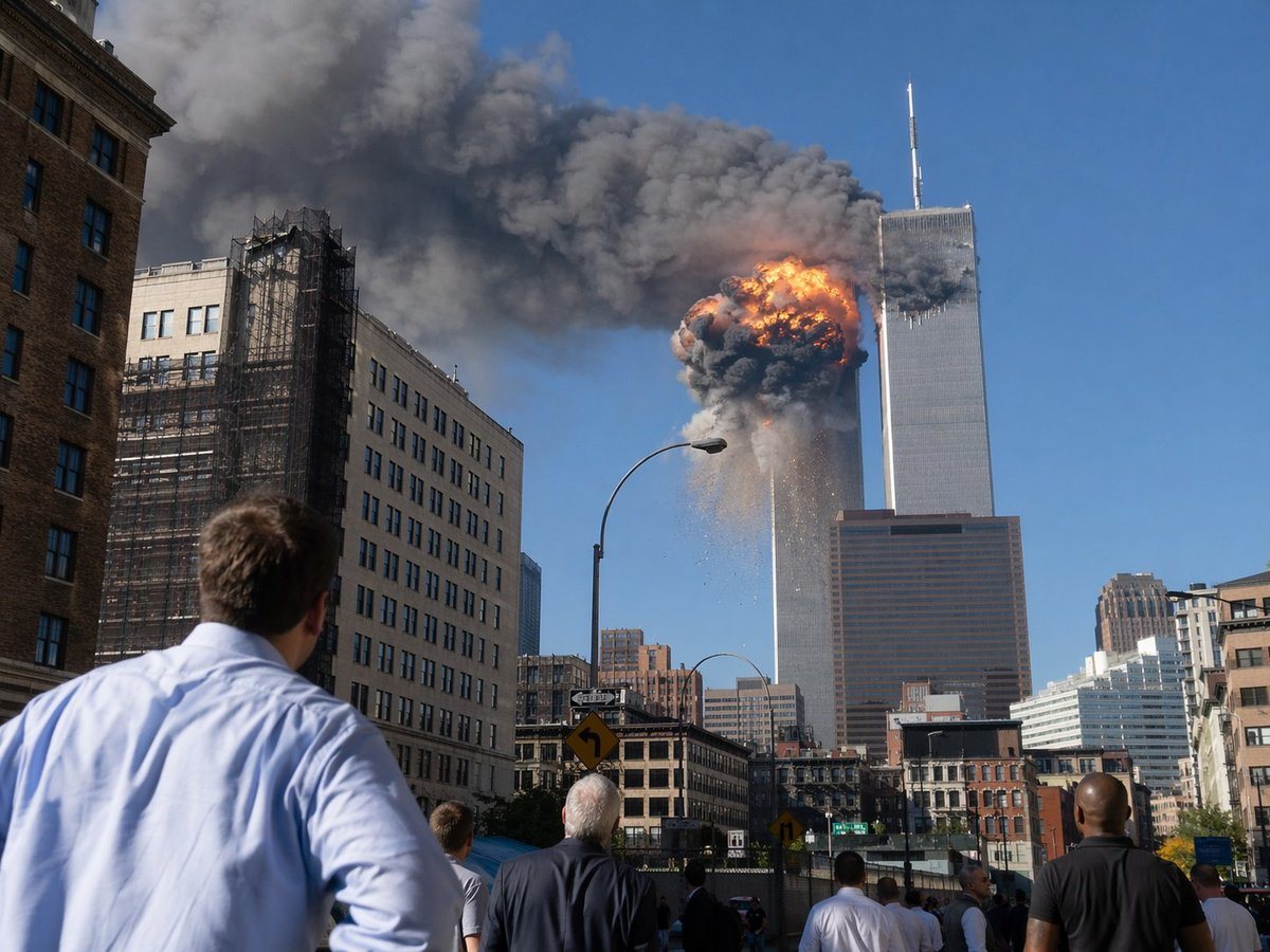 A dramatic photojournalistic street-level scene in lower Manhattan showing the World Trade Center during the September 11 attacks, viewed from several blocks away on a bright clear blue m...