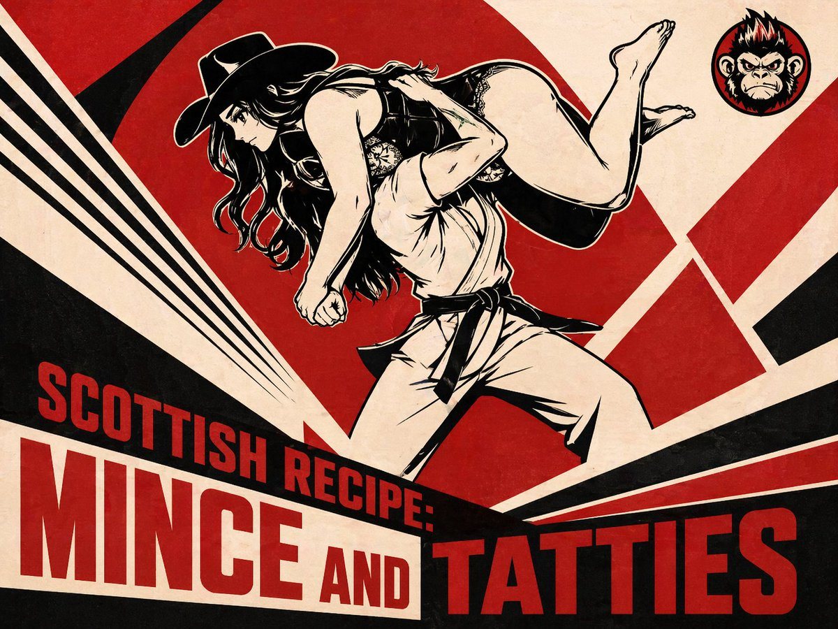 A bold retro propaganda-style poster illustration with a limited palette of red, black, and warm cream on a lightly aged paper texture. The composition features a dynamic anime-inspired a...