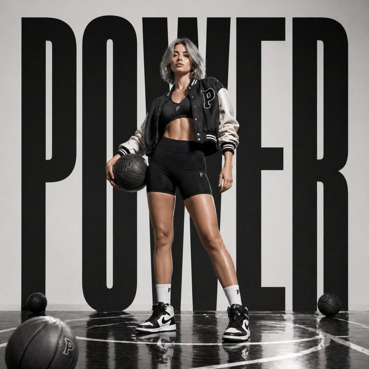 Create a premium luxury sportswear campaign poster featuring a confident female athlete in a modern studio environment. Full body pose with strong fashion attitude, standing tall while ho...