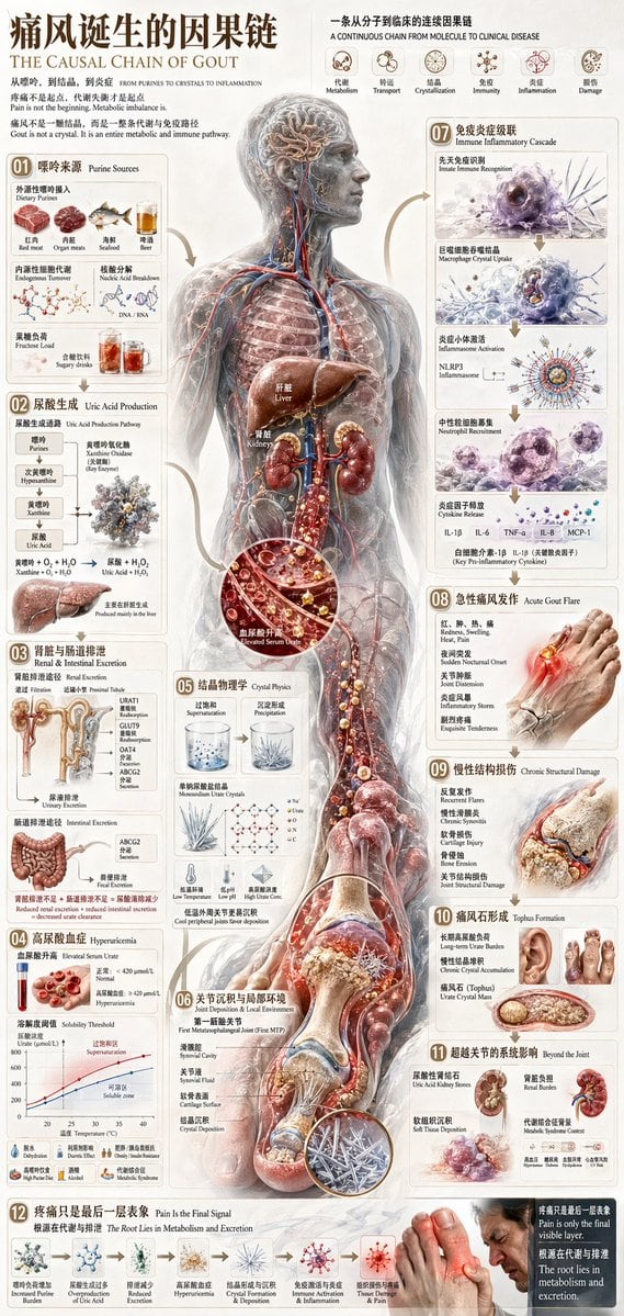 This prompt generates a dense Chinese-English medical infographic poster about the full causal chain of gout, suitable for educational publishing, health communication, or biomedical editorial art.