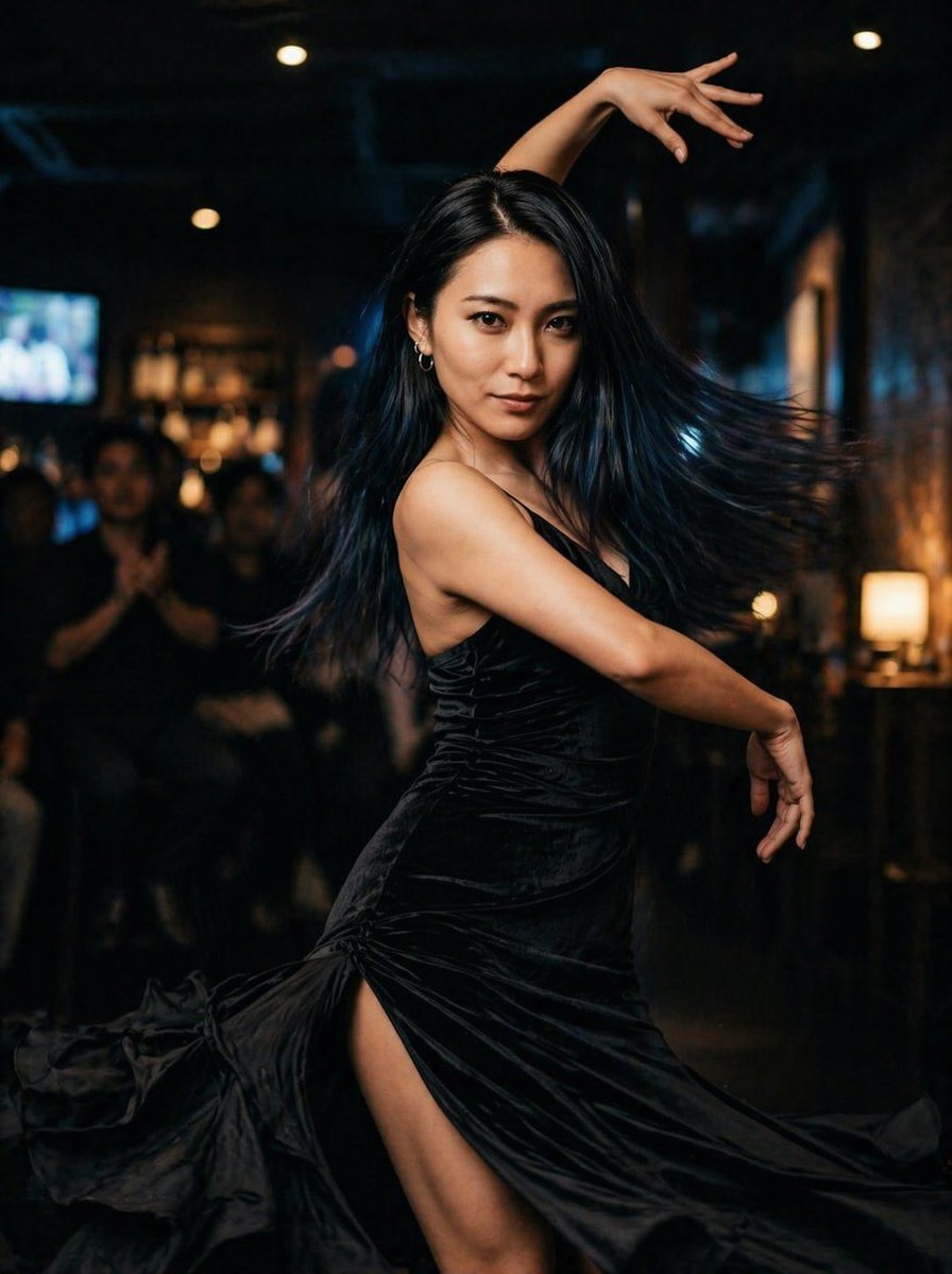 A dramatic full-body photo of a woman dancing powerfully in a dark upscale lounge or bar, wearing a sleek black evening dress with a high slit and flowing velvet-like fabric that whips ou...