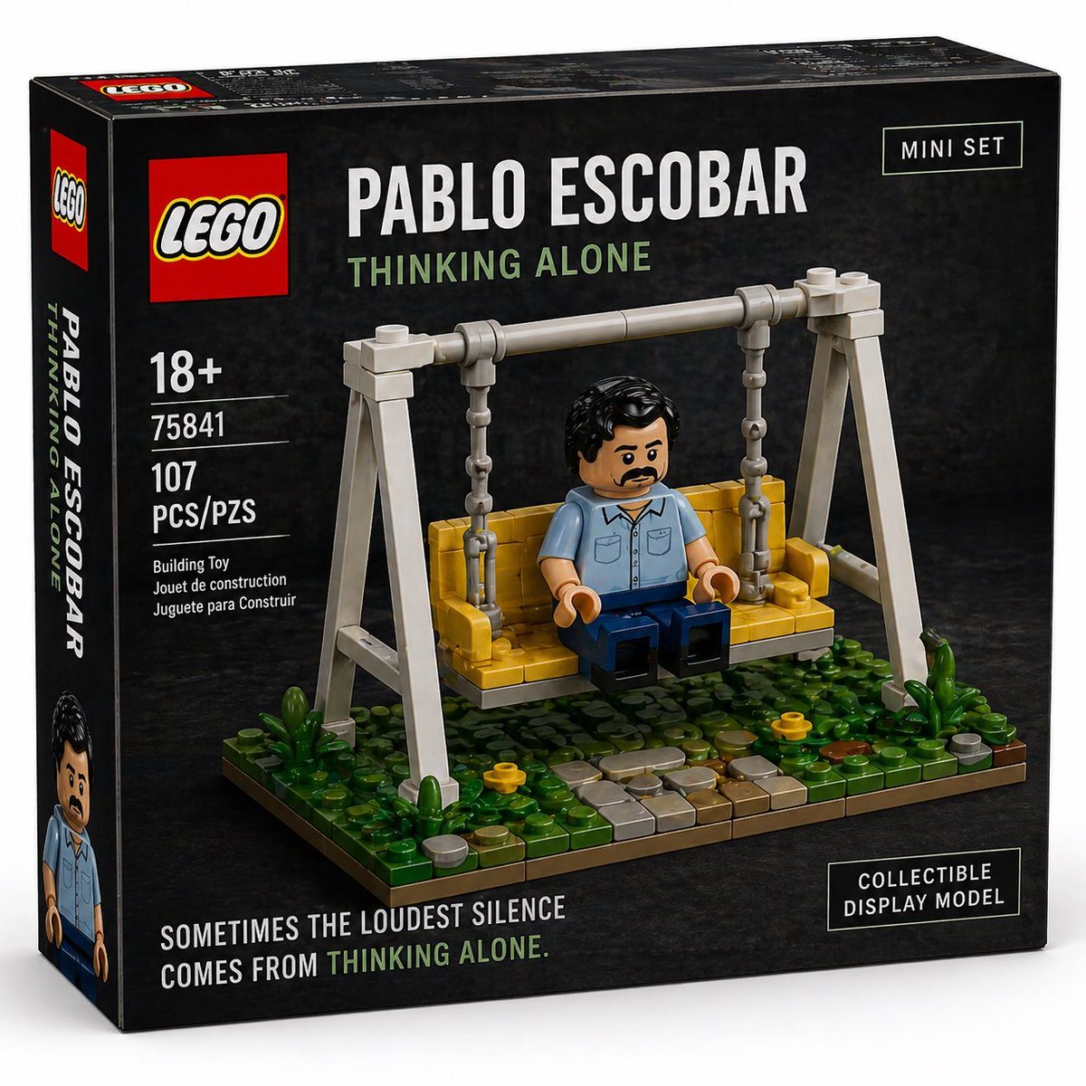 A realistic parody toy-building-set package showing a brick-built swing diorama, suitable for generating collectible box art and novelty construction set concepts.
