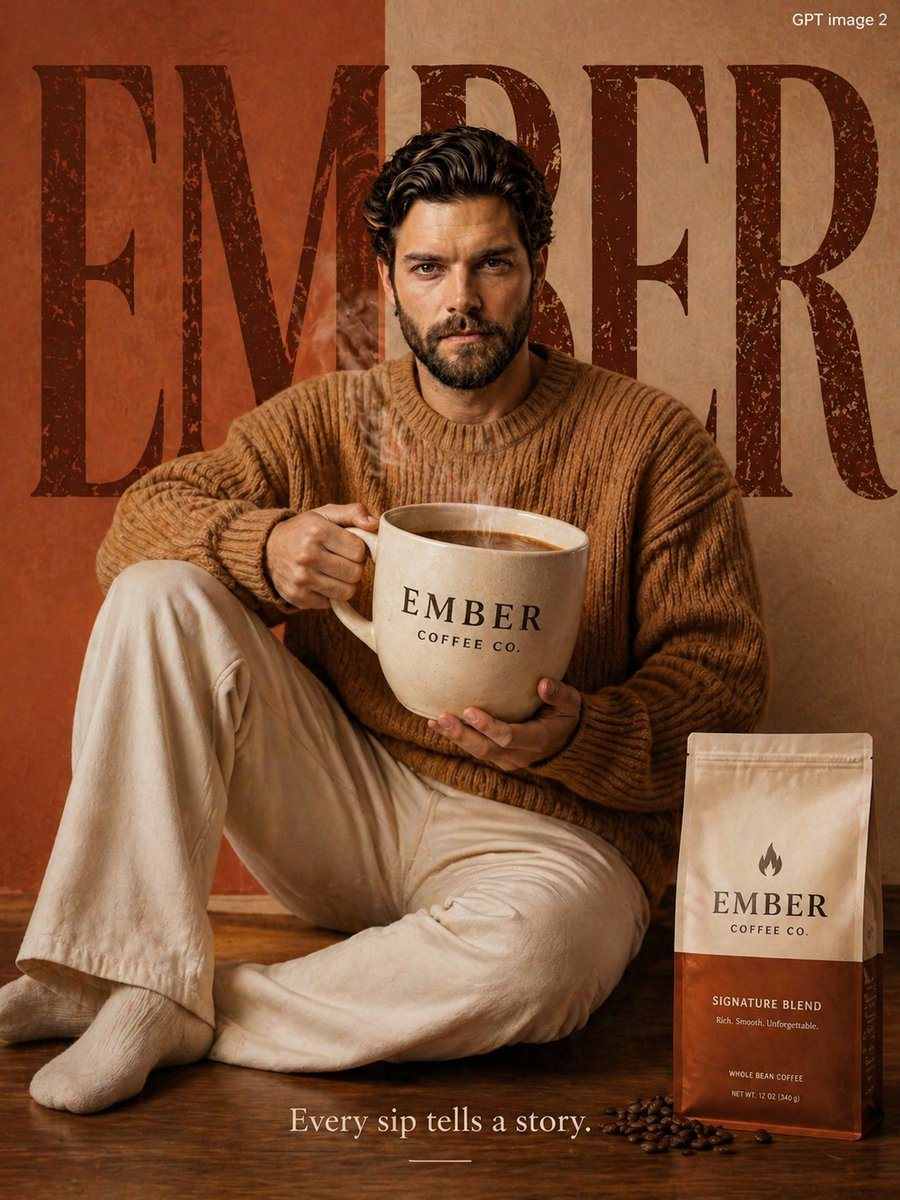 A comprehensive prompt for creating a cozy, high-end coffee brand advertisement featuring a specific person as a reference.