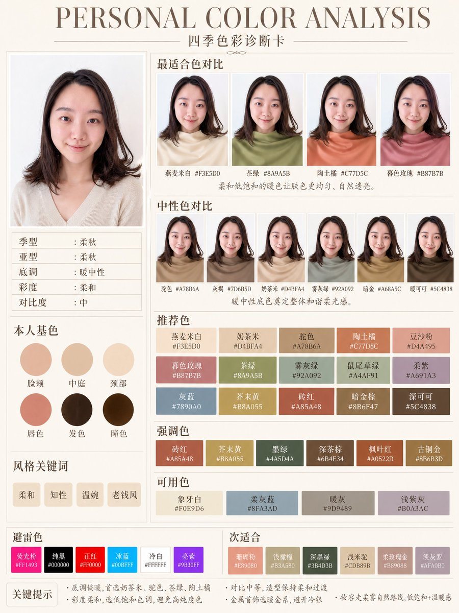A polished Chinese personal color analysis infographic card for beauty, styling, or app mockup use, featuring a blurred female portrait and a detailed soft-autumn palette breakdown.