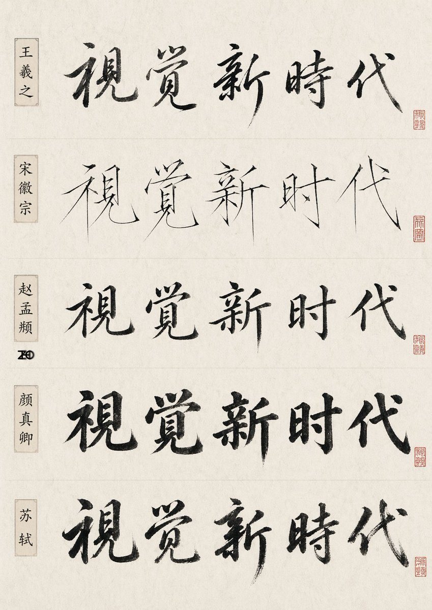 一张垂直参考海报，展示了以五种著名书法风格书写的同一中文短语，适用于字体测试、文化设计研究及毛笔字对比。