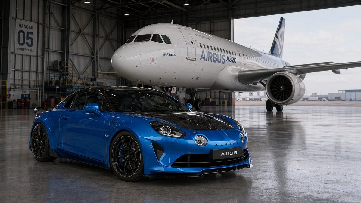 A photorealistic, highly detailed image of a blue Alpine A110 R sports car with a black hood parked in the foreground inside a large, spacious aircraft hangar. Directly behind the car is...