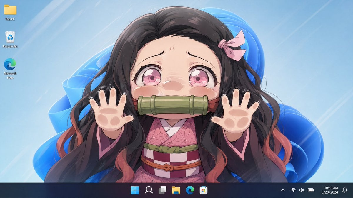 此提示词可生成一张逼真的 Windows 11 桌面截图，展示了一位经过模糊处理的动漫壁纸角色，非常适合用于对比图像模型输出的社交媒体帖子。