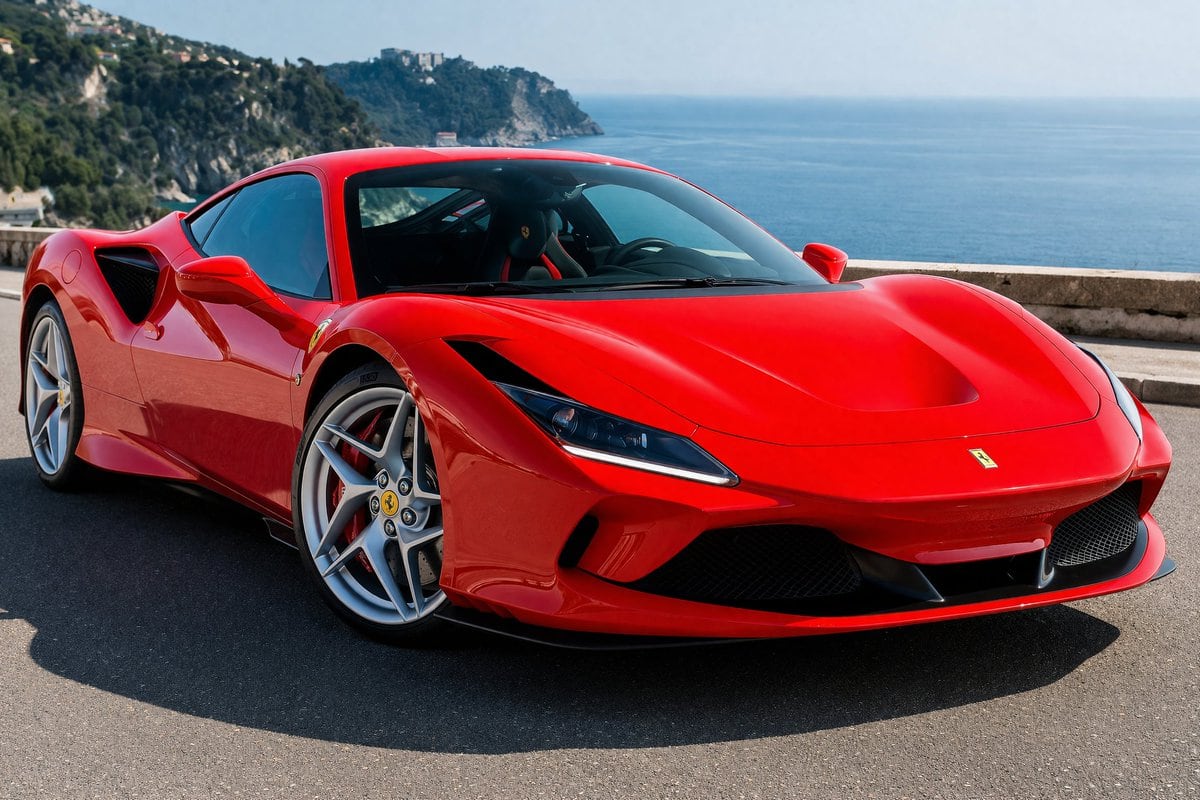 A photorealistic, high-resolution automotive shot of a bright red Ferrari F8 Tributo parked on a coastal road overlooking the ocean. The sports car is positioned at a slight angle, showca...