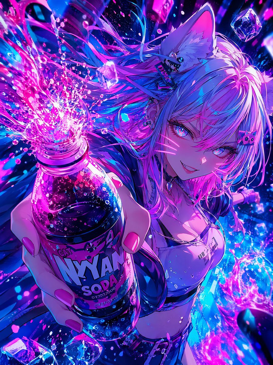 A vivid cyber-anime poster of a cat-eared girl presenting a bursting soda bottle, ideal for energetic drink branding or flashy social media key art.
