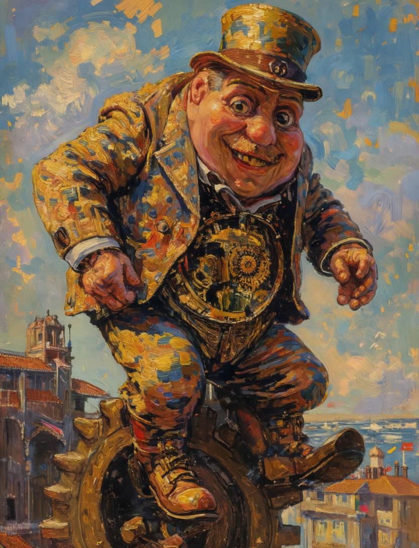 This prompt generates a whimsical post-impressionist oil painting of an anonymous steampunk gentleman balancing on a giant gear above a Venetian-style city, useful for surreal fine-art image creation.