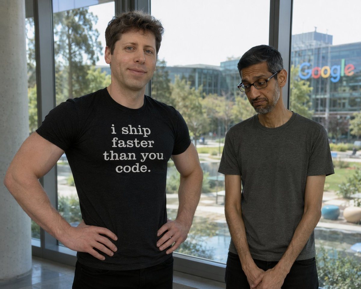 A photorealistic image of Sam Altman standing confidently on the left with his hands on his hips, wearing a black t-shirt with white text that reads "i ship faster than you code.". Next t...
