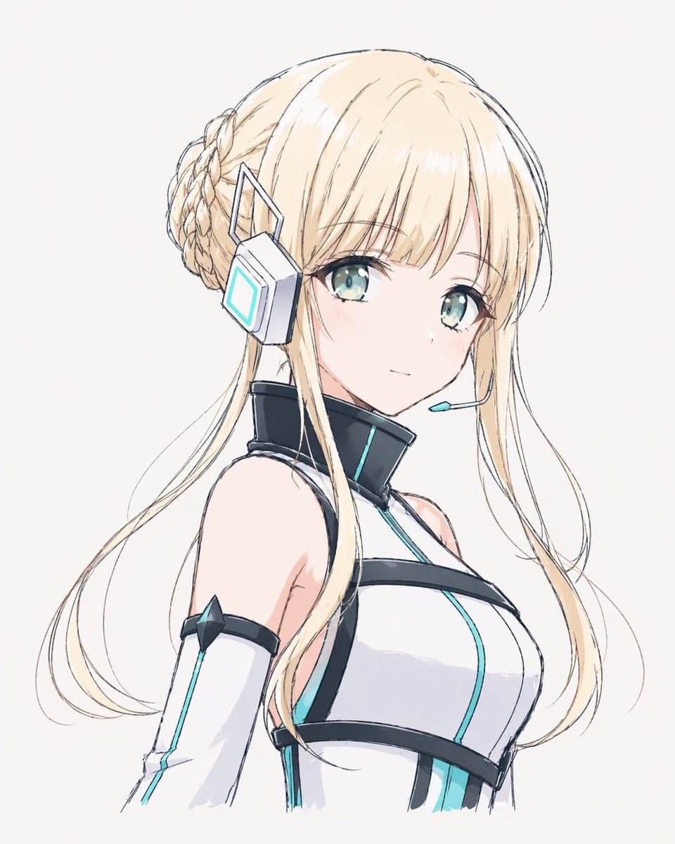 A simple anime-style upper-body character illustration on a plain light gray background, centered and facing slightly left in a calm three-quarter pose. The character is a young futuristi...