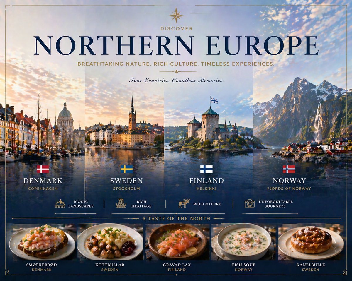 Create an elegant luxury travel poster for NORTHERN EUROPE, designed like a premium tourism campaign brochure cover. Use a wide symmetrical layout with a thin gold decorative border and r...