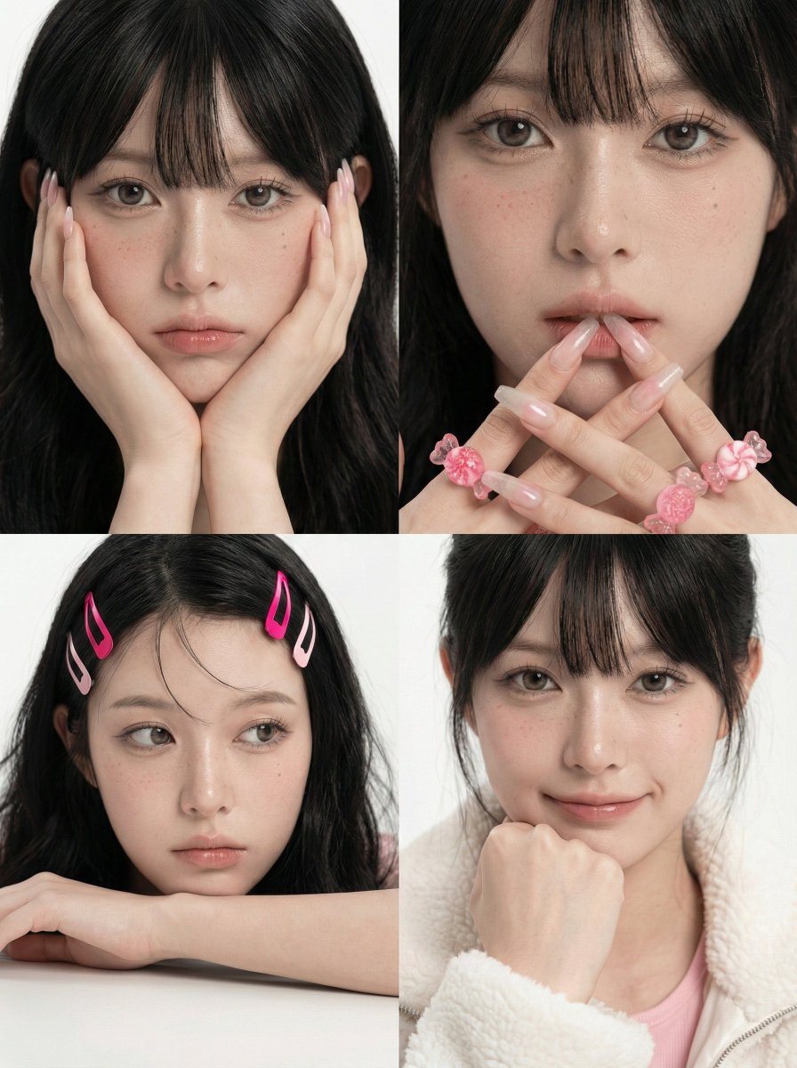 A clean 2x2 portrait collage of a young East Asian woman in a minimal studio setting with a soft white background, photographed in a high-end beauty editorial style. All four panels are t...