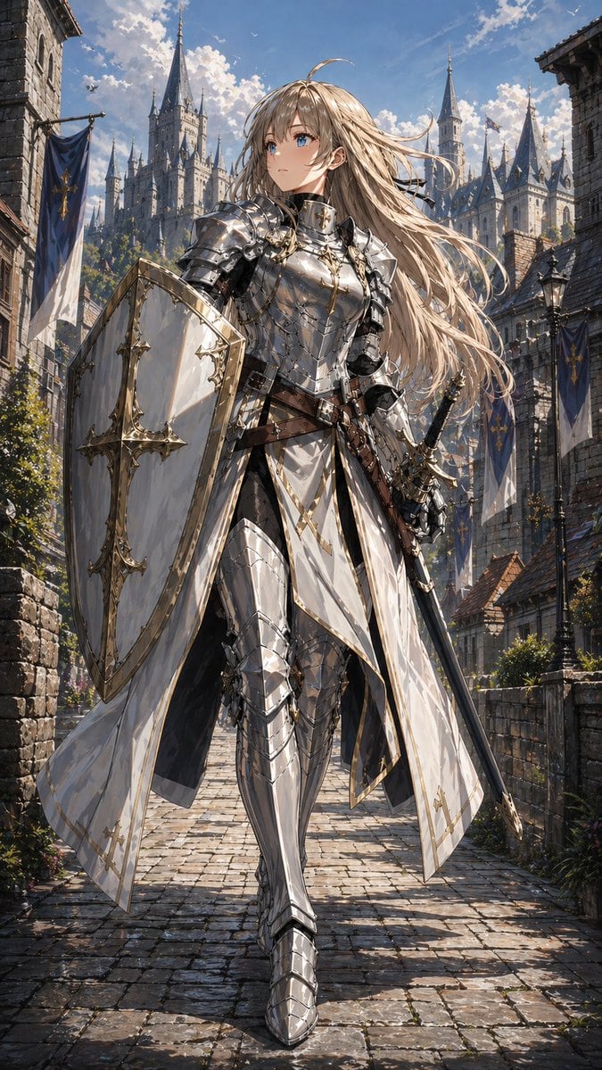 This prompt generates a detailed vertical anime illustration of a regal armored female knight walking through a medieval city, ideal for fantasy character art, covers, or hero portraits.