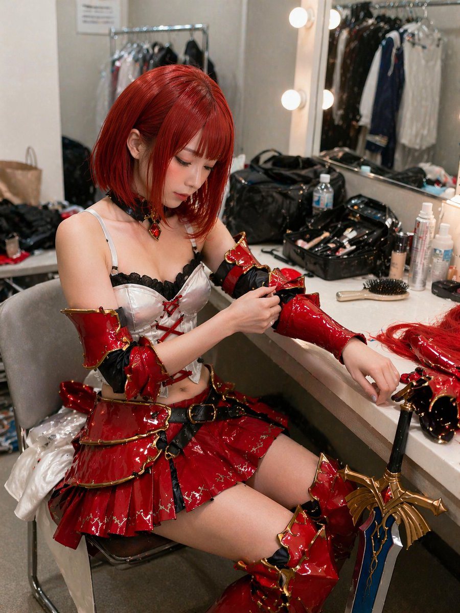 A highly detailed, realistic photograph of a young East Asian woman sitting in a cluttered backstage dressing room, getting ready for a cosplay event. She has vibrant short red hair style...