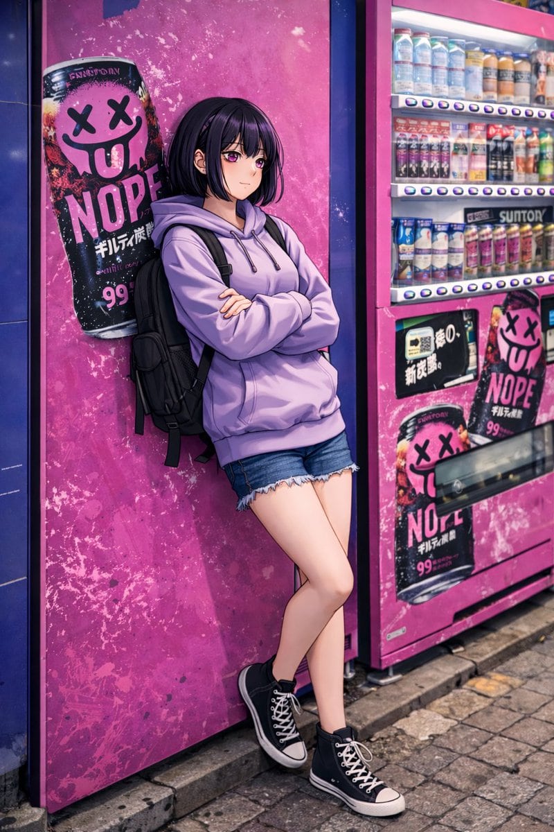 An anime-style illustration of a young woman with short black hair with bangs and purple eyes, leaning casually against a vibrant pink vending machine on a cobblestone city street. She is...