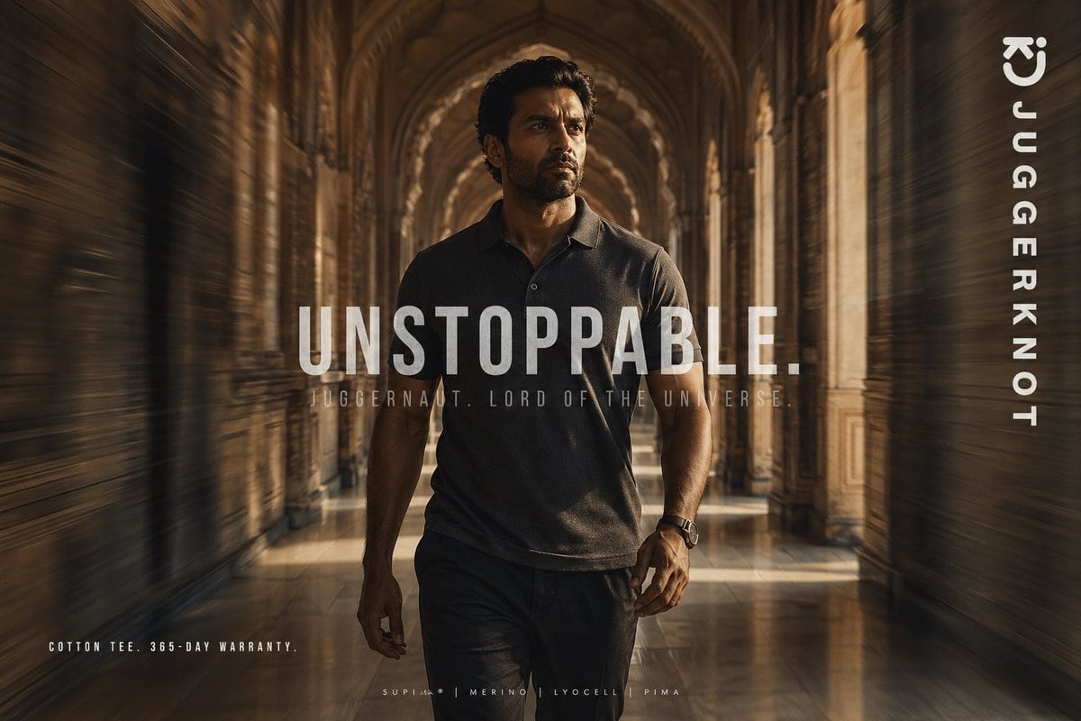 A cinematic fashion advertisement poster featuring a confident athletic man walking directly toward the camera through a grand historic palace corridor with repeating stone arches, carved...