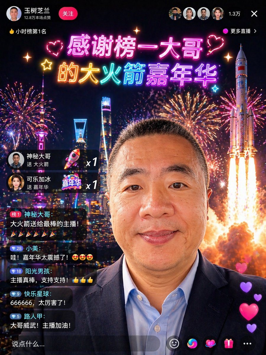 Using the provided reference photo, transform the person into a flashy Chinese livestream screenshot while keeping the same head position, crop, hairstyle, and overall identity. Replace t...