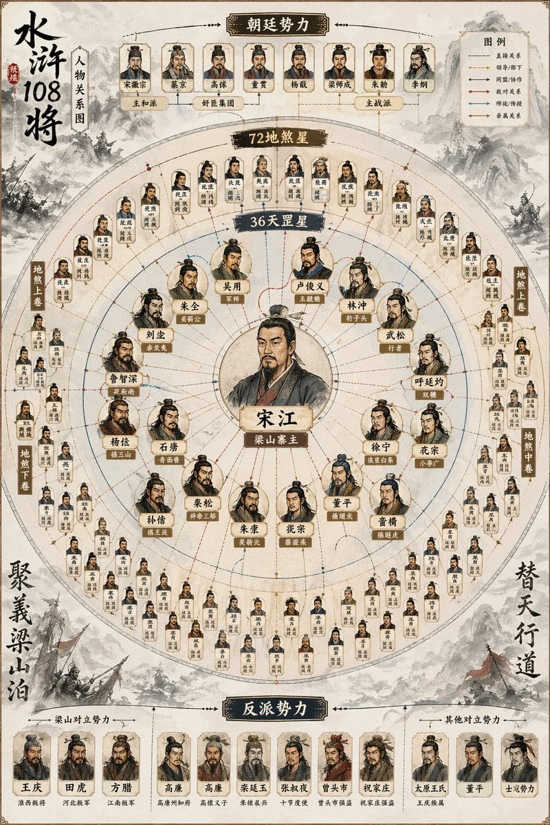 一份详细的海报提示词,结合水墨画与信息图表风格,旨在绘制 108 位虚构人物复杂的社交网络。