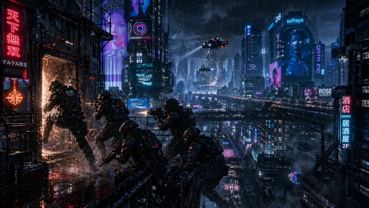 A cinematic cyberpunk night raid on a rain-soaked rooftop balcony in a dense futuristic megacity, viewed in a wide-angle shot from slightly behind and to the side of the squad. Five heavi...