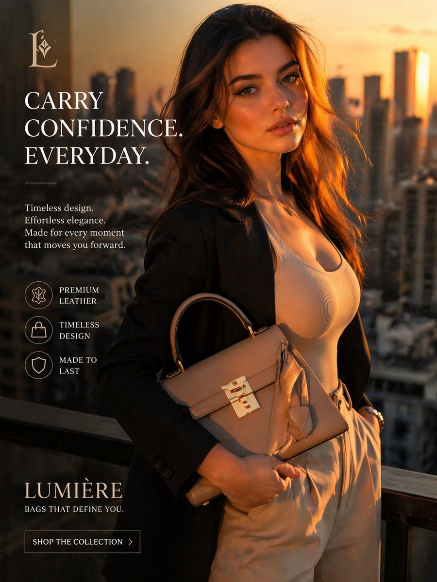 Luxury fashion advertisement, vertical editorial product ad shot at golden hour on a high-rise balcony overlooking a modern city skyline at sunset. A stylish woman stands in a confident t...