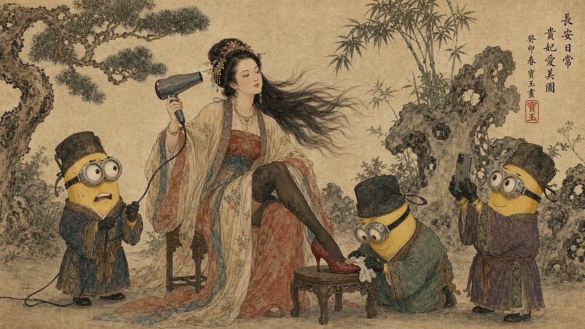A traditional Chinese ink and color painting in Gongbi style on aged rice paper texture. A noblewoman in elaborate Tang Dynasty Hanfu robes sits on a wooden stool, holding a modern hairdr...