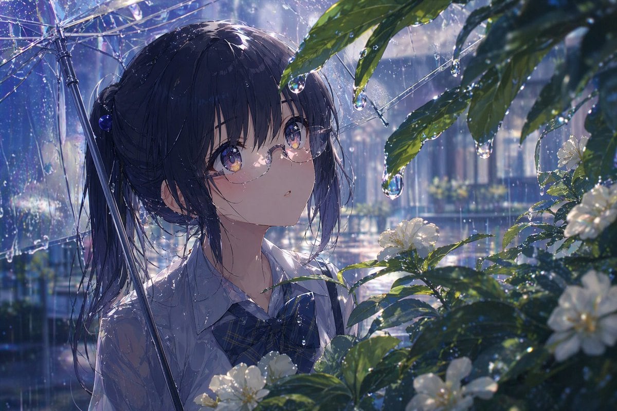 A luminous anime-style close-up portrait of a teenage schoolgirl standing outdoors in the rain, framed from the chest up, holding a transparent vinyl umbrella. She has dark navy black hai...