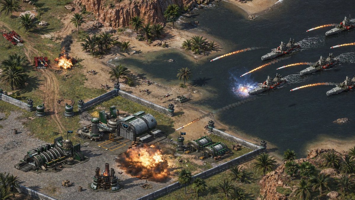 An isometric real-time-strategy game battle scene viewed from a high oblique angle, showing a fortified coastal military outpost under naval attack in a desert oasis environment. The base...