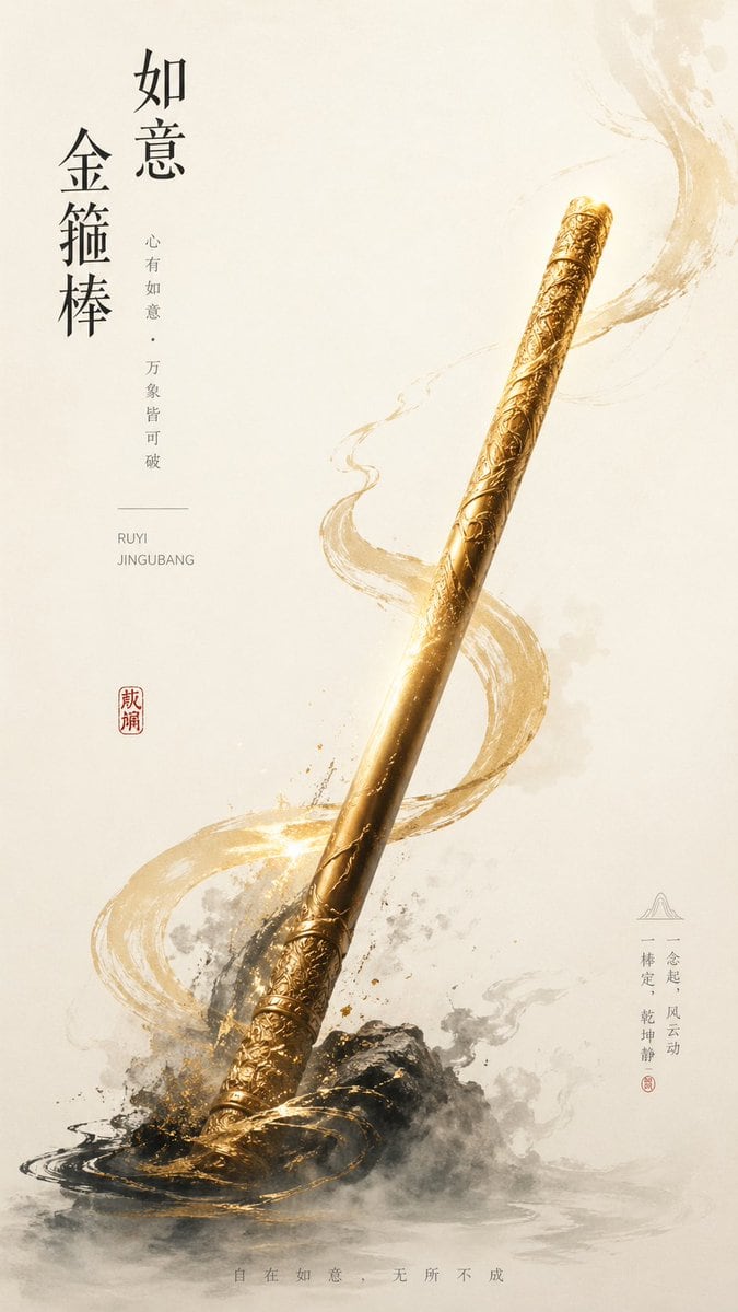 A refined New Chinese aesthetic poster on a warm ivory rice-paper background, minimalist and vertical, featuring a single luxurious golden 如意金箍棒 as the central subject. The staff is place...