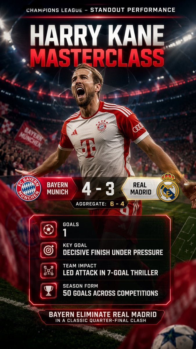 Search the web for this week’s standout individual performance in Champion’s League, using exact stats and game summary, bold team colors, legible score breakdown, and generate a Highligh...