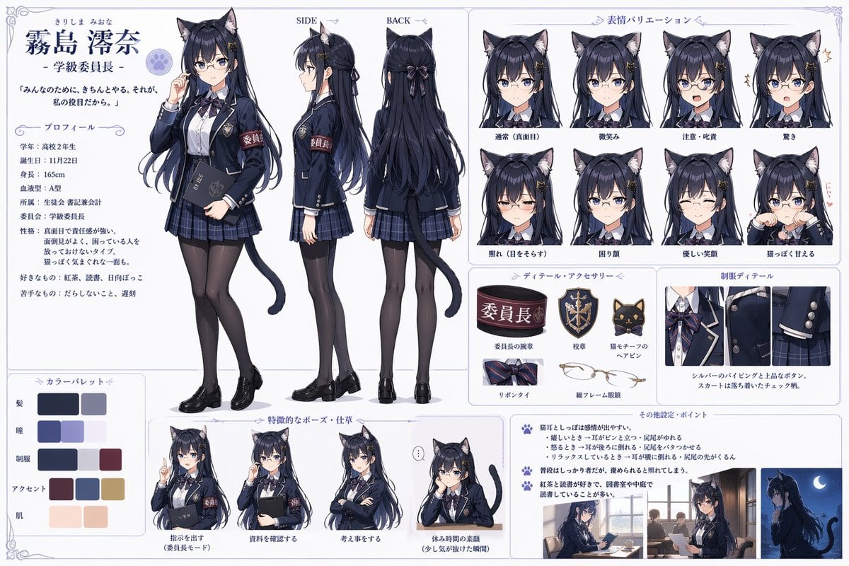 Ready-to-edit anime character reference sheet image prompt.
