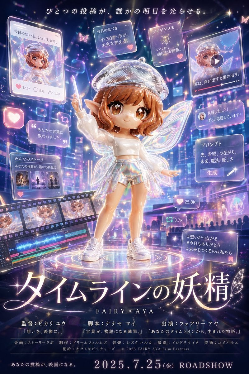A luminous fantasy-anime movie poster in a vertical theatrical one-sheet composition, centered on a cute chibi-style fairy girl standing on a glowing circular platform in a futuristic neo...