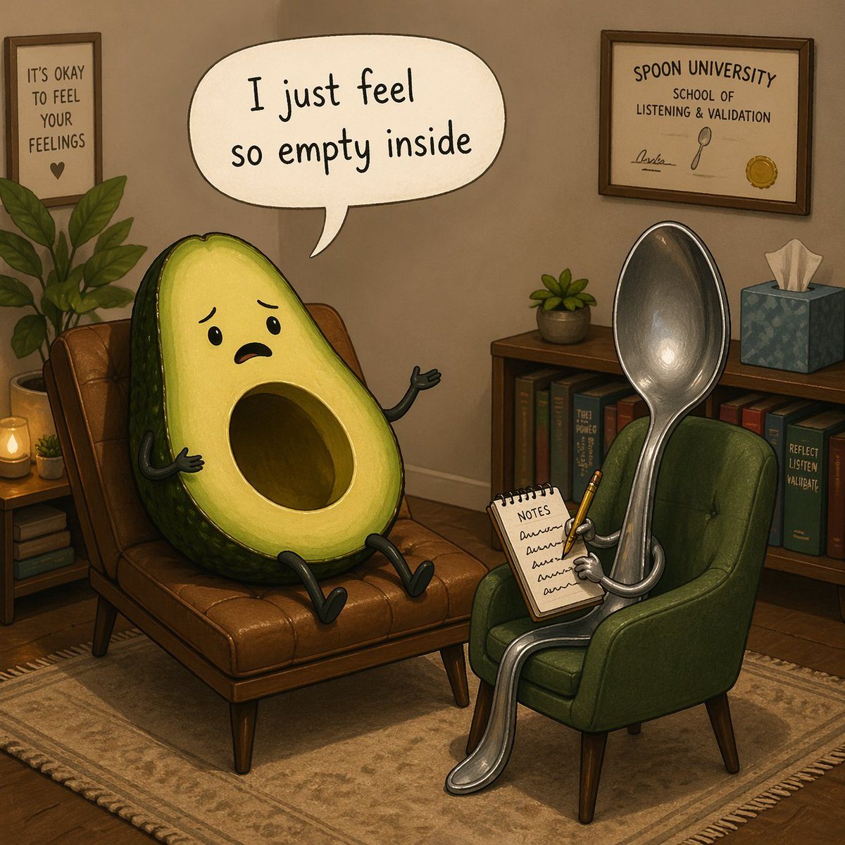 Generates a humorous 3D illustration of an anthropomorphic object in therapy, perfect for visual puns and mental health memes.