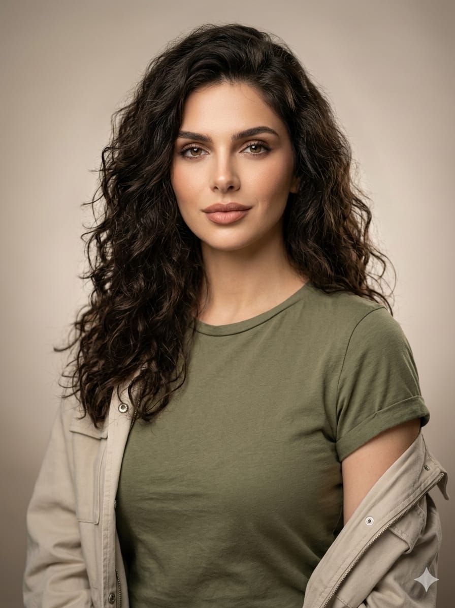 A highly realistic studio portrait of a woman in her mid-20s with a naturally fit build, framed from mid-torso up at eye level, standing in a relaxed yet confident pose with squared shoul...