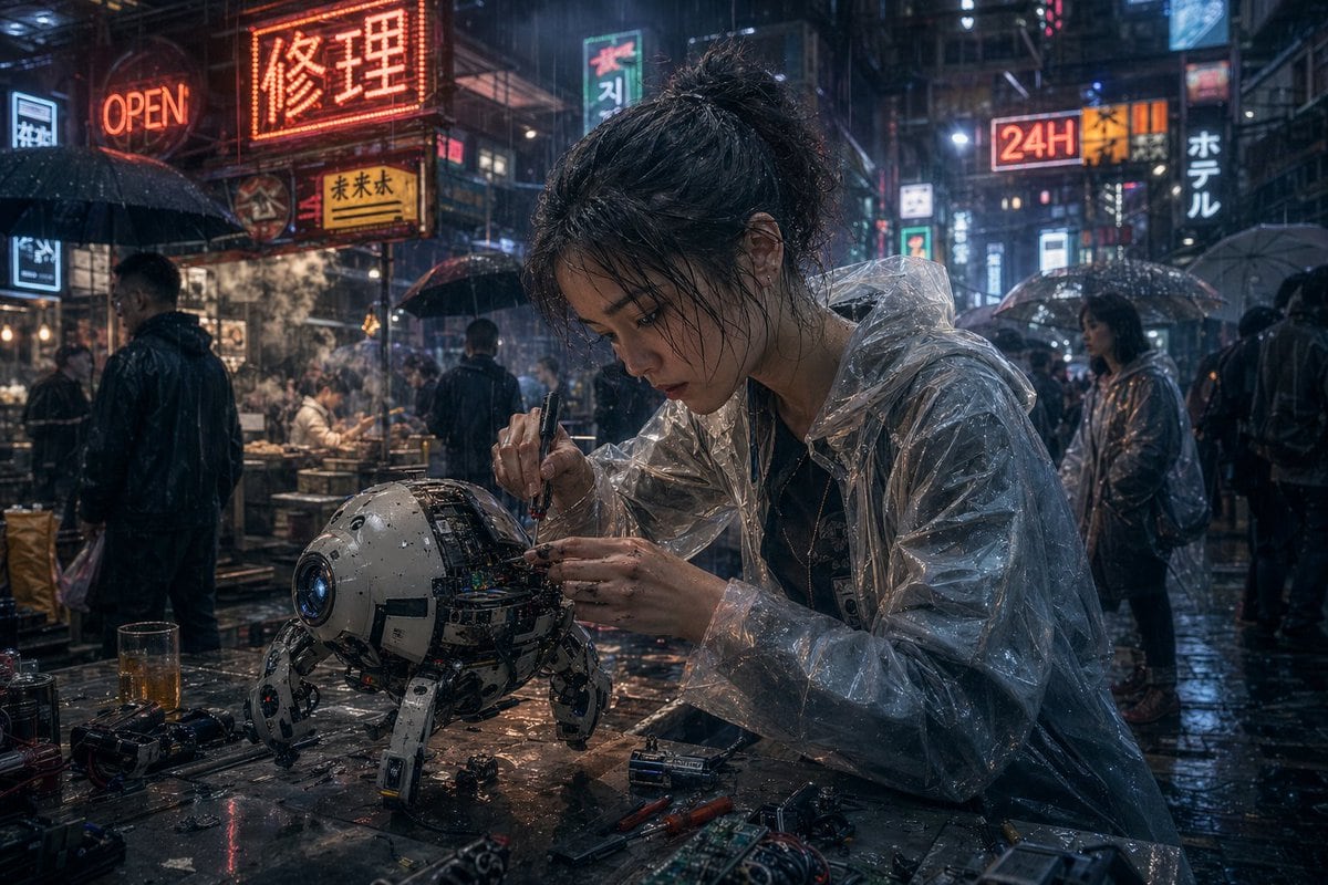 This prompt generates a cinematic photorealistic cyberpunk scene of a rain-soaked street mechanic repairing a quadruped robot, ideal for sci-fi concept art and atmospheric city visuals.