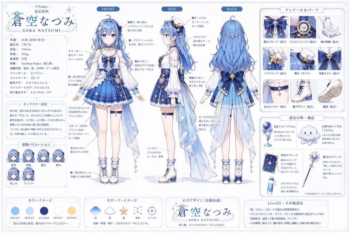 Ready-to-edit anime VTuber character reference sheet image prompt.