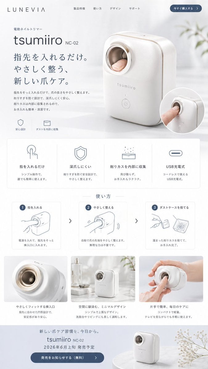 Ready-to-edit minimal Japanese product landing page mockup image prompt.