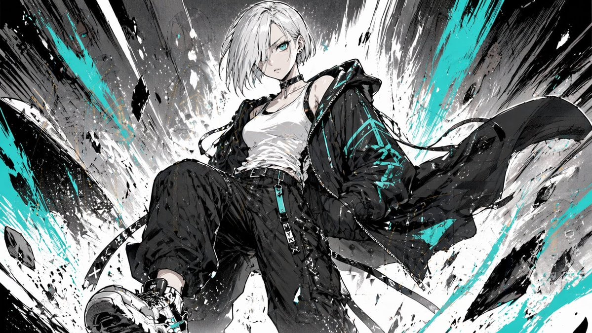 A dynamic manga-style action illustration of a single androgynous young woman shot from a dramatic low angle, as if the viewer is beneath her while she drops or steps forward through an e...