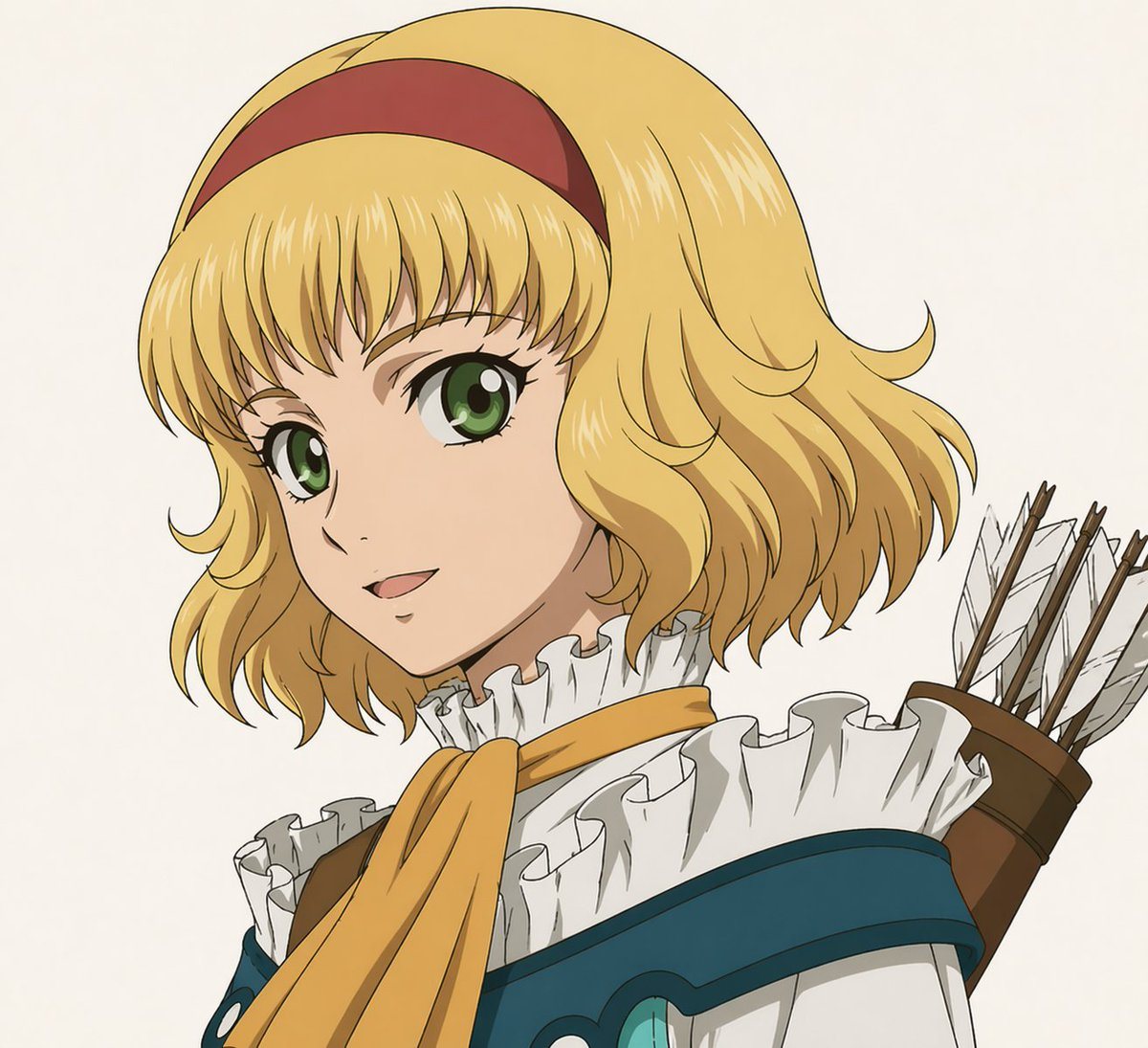 A clean anime-style half-body character portrait on a plain off-white background, showing a young female fantasy archer from the chest up, facing slightly away with her back and left shou...