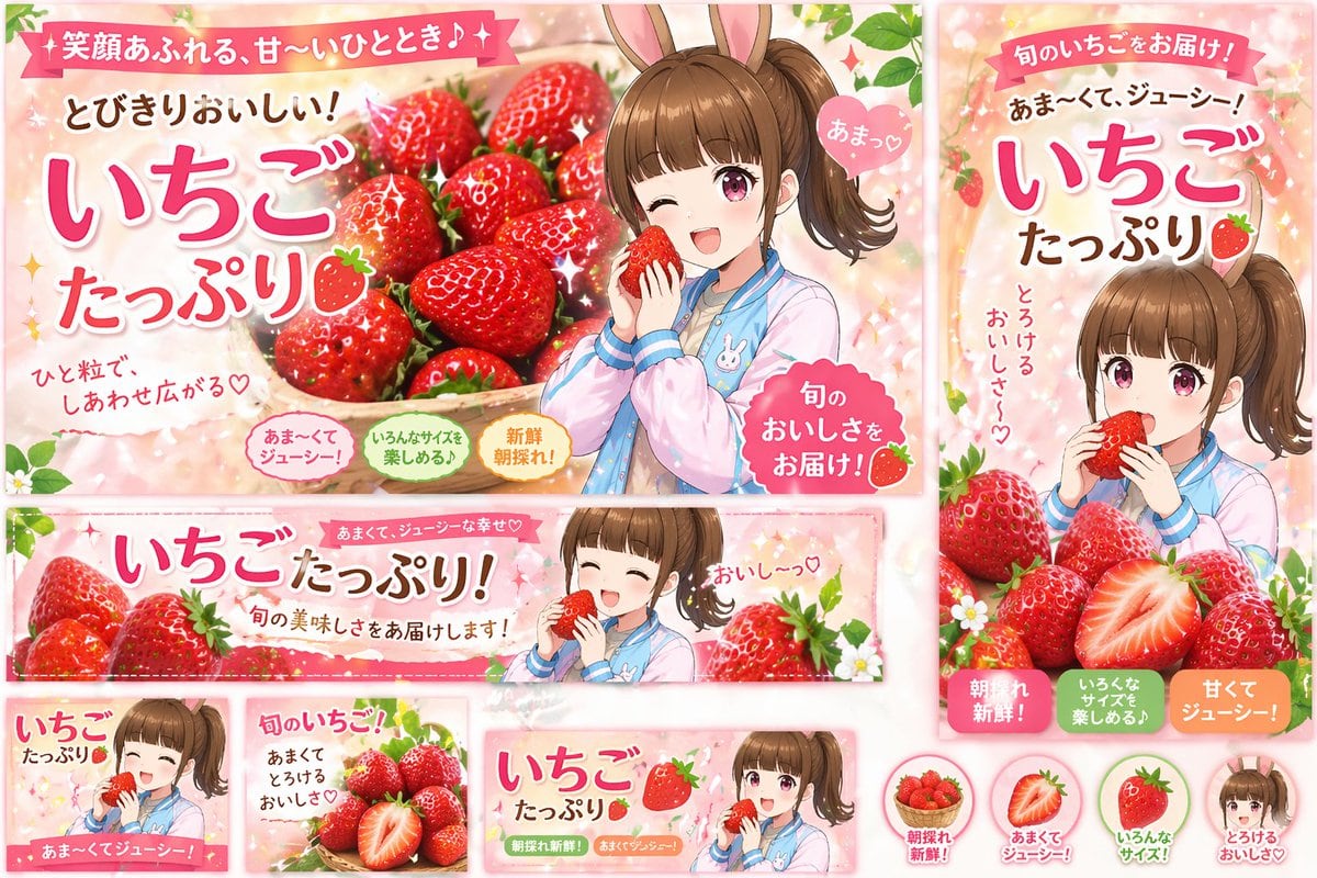A comprehensive set of promotional web banners and icons featuring an anime girl advertising fresh strawberries.