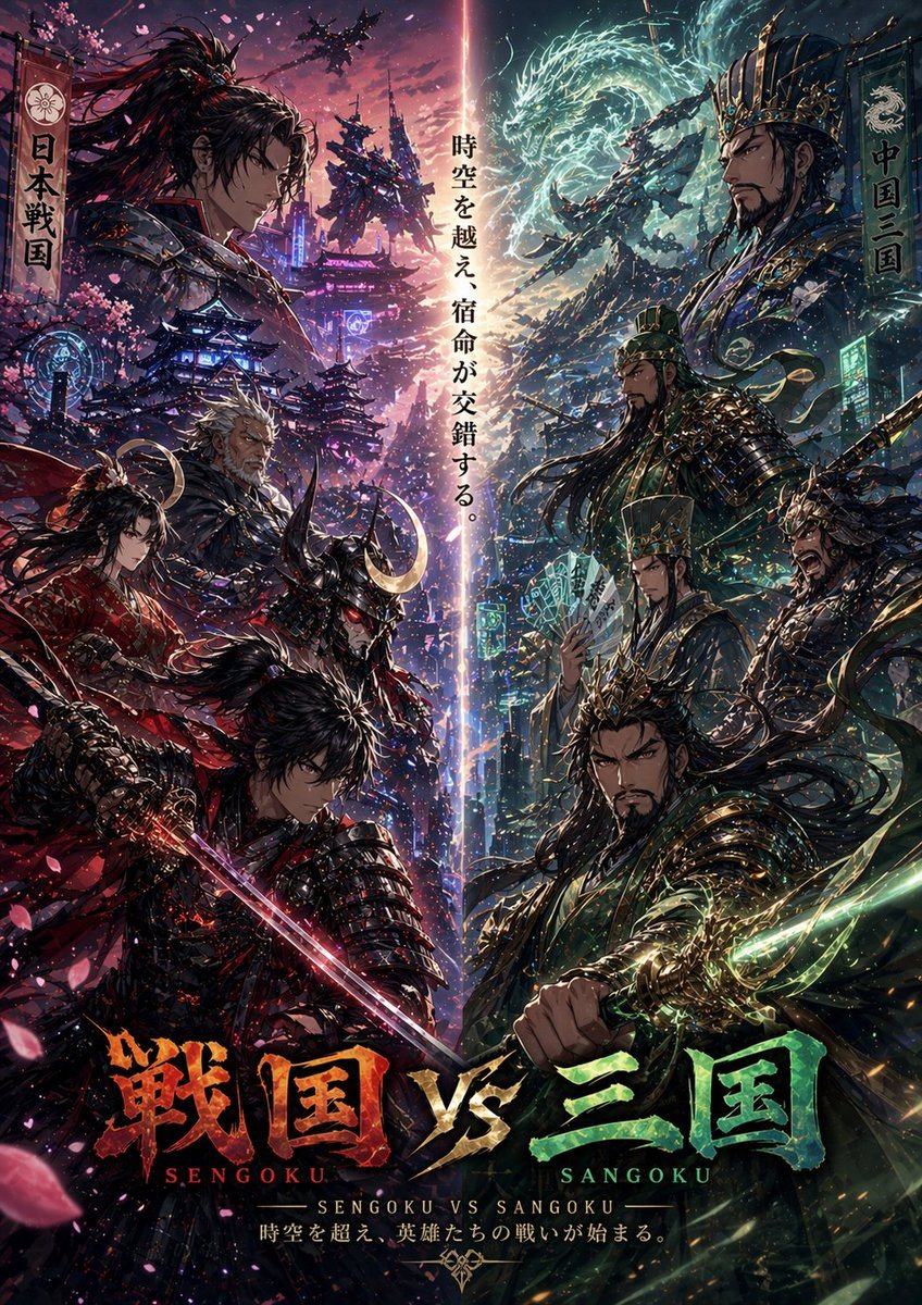 A dramatic ultra-detailed vertical anime key visual poster showing a crossover war between Japan’s Sengoku era and China’s Three Kingdoms era, split exactly down the center by a glowing v...