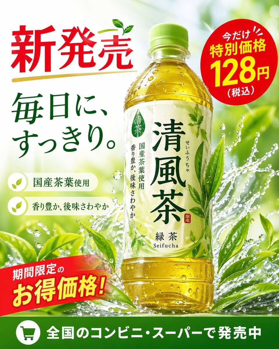 A vibrant promotional poster for a bottled green tea beverage, featuring dynamic water splashes, pricing badges, and feature callouts.