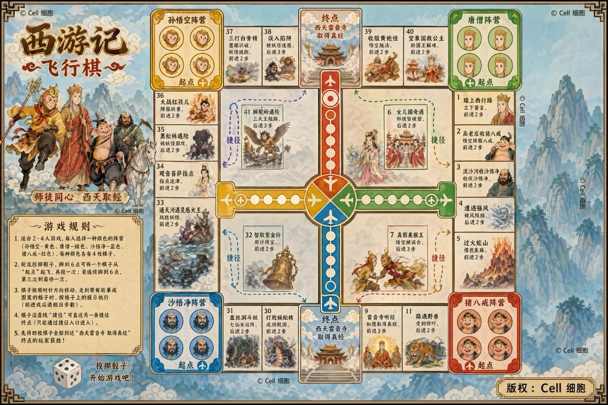 一个为儿童设计基于经典故事主题的定制飞行棋(Flying Chess)游戏的提示词。